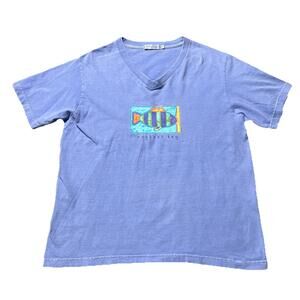 Fresh Produce Shirt Womens Medium Aqua Blue Fish Graphic V Neck Casual Tee Top